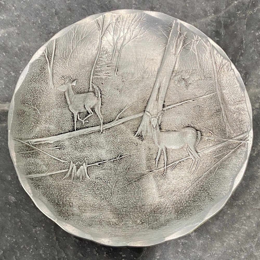 Elegant Silver Forest With Deer Forged Metal Coaster. 4 3/8” diameter